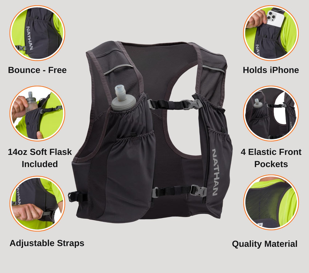Nathan Pinnacle FeatherLite vest chest and shoulders with power mesh for breathable runs.