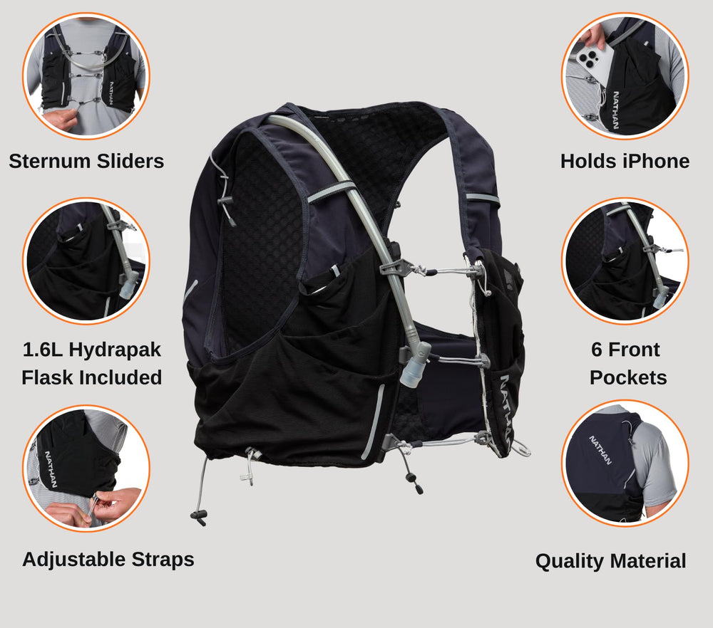 Nathan Pinnacle Pro 12L back pocket opening highlighting hydration capacity