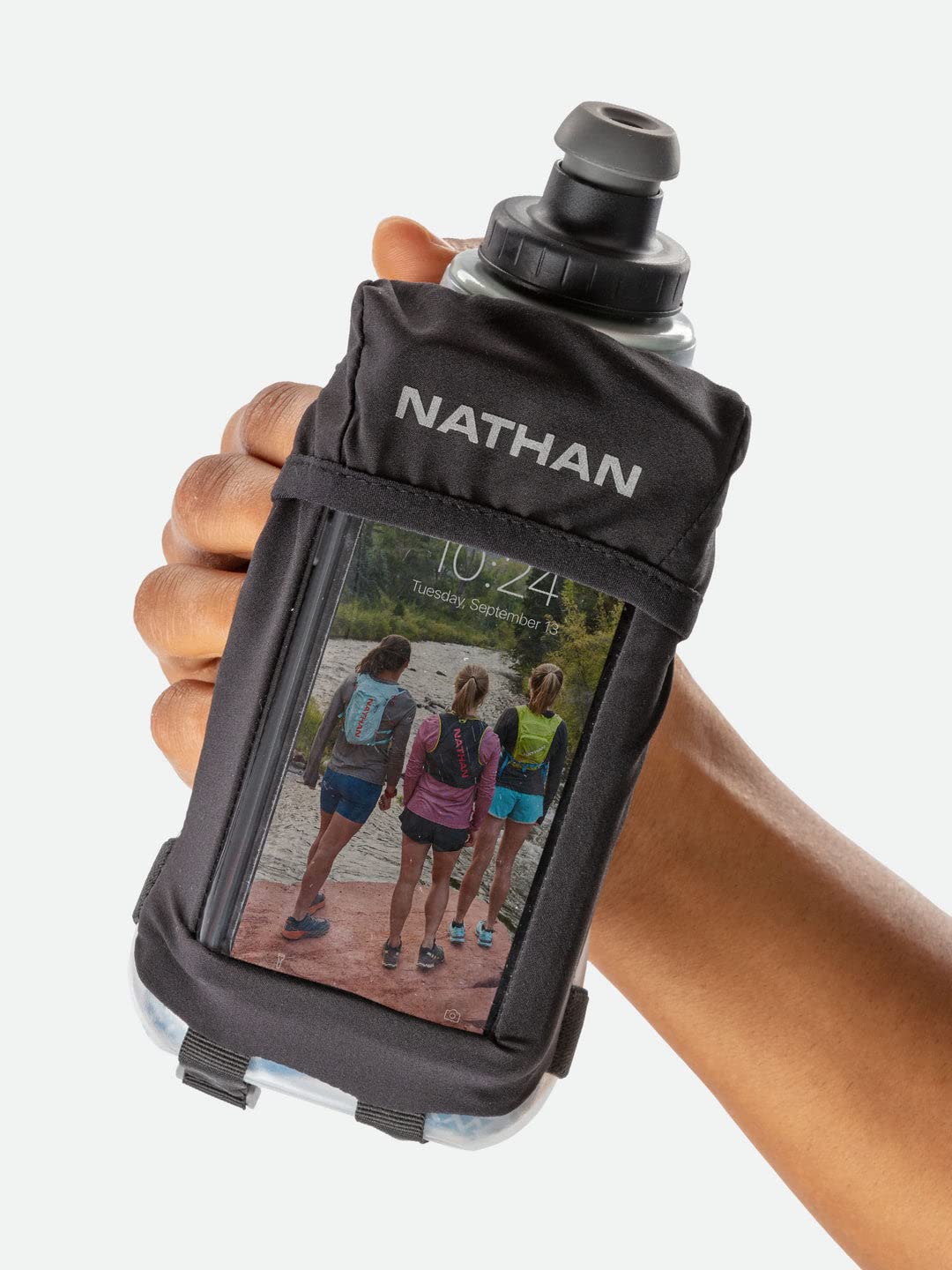 Nathan Running Handheld bottle highlights 360 reflectivity for morning or evening visibility.