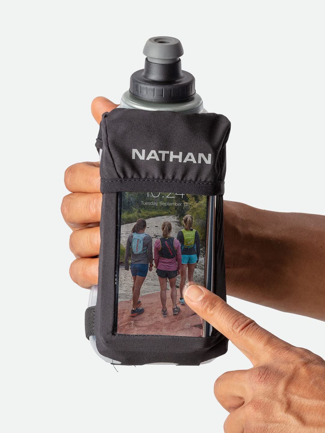 Nathan Running Handheld front-pocket storage securely holds keys or phone.
