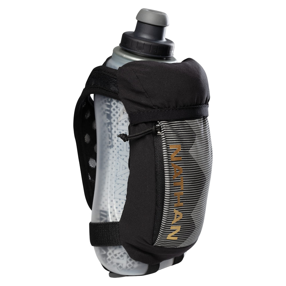 Nathan Running Handheld Quick Squeeze 12oz bottle offers grip-free hydration for runners.