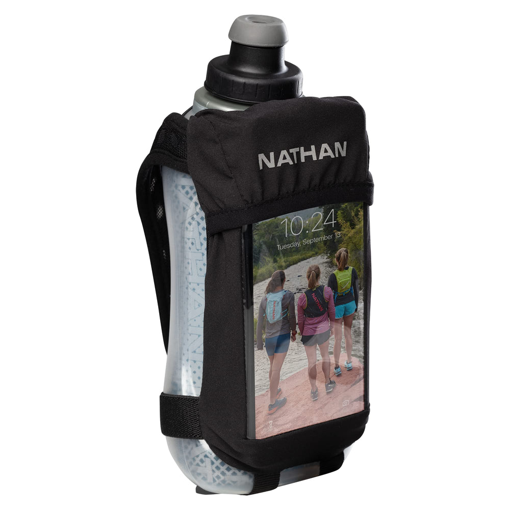 Nathan Running Handheld bottle close-up shows quick-squeeze action for runners.