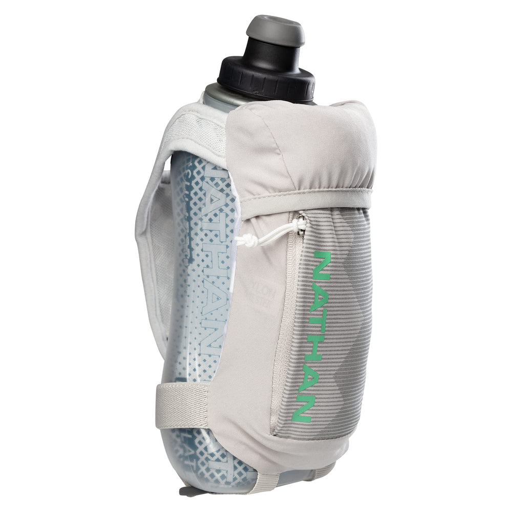 Nathan Running Handheld Quick Squeeze bottle side view for on-the-go hydration during runs.
