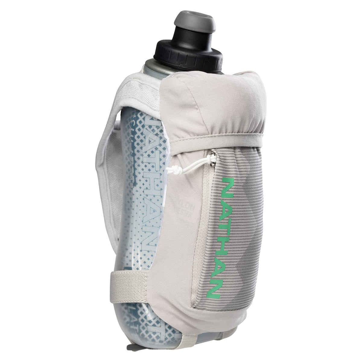 Nathan Running Handheld Quick Squeeze bottle side view for on-the-go hydration during runs.