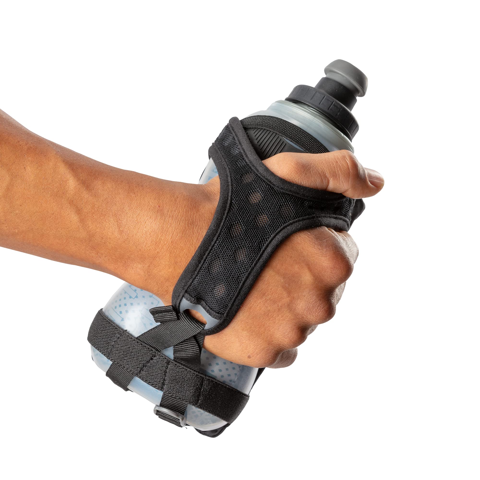 Nathan bottle features sweat-channeled thumb hold to reduce rubbing and discomfort.
