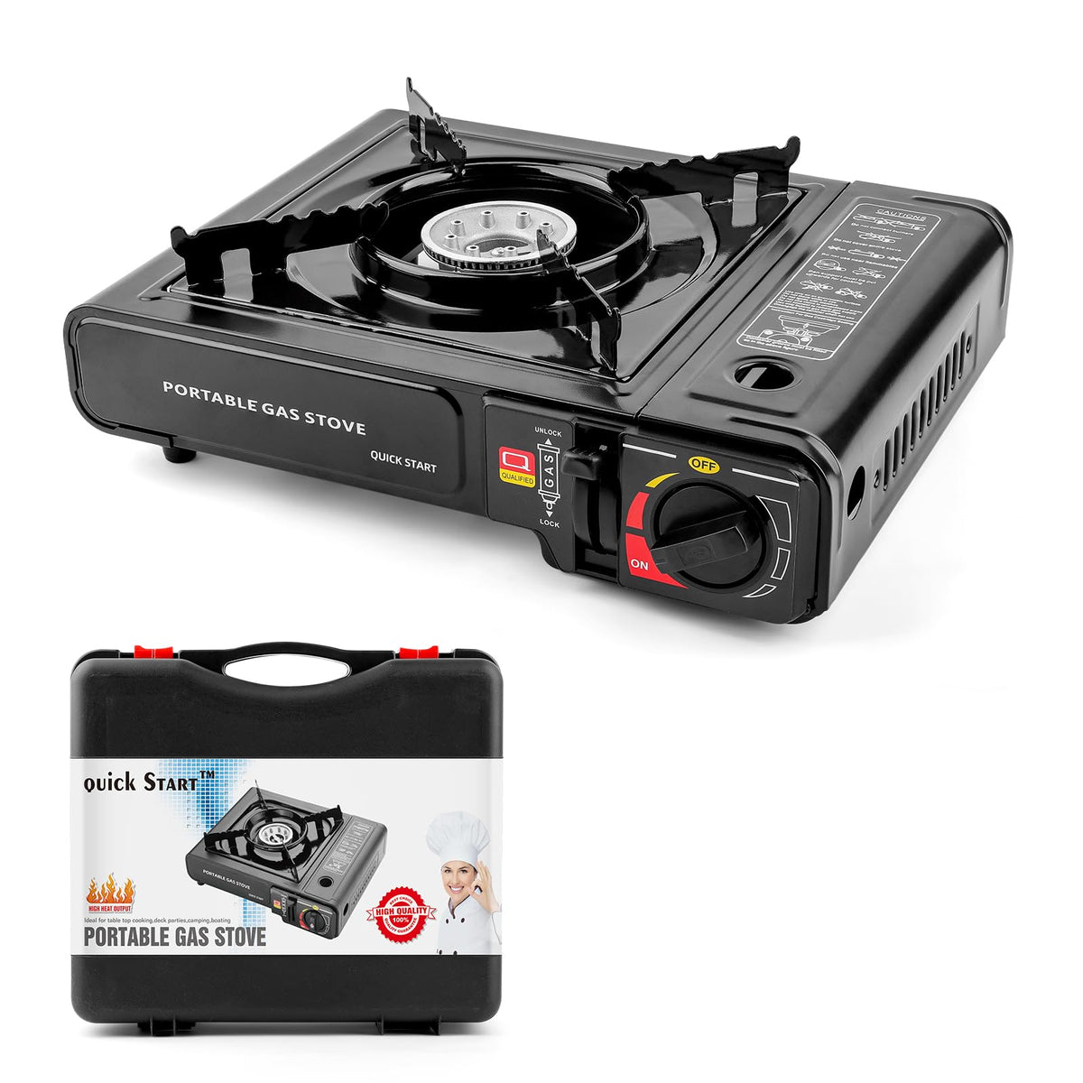 National Standard butane stove with carry case for easy campsite transport.