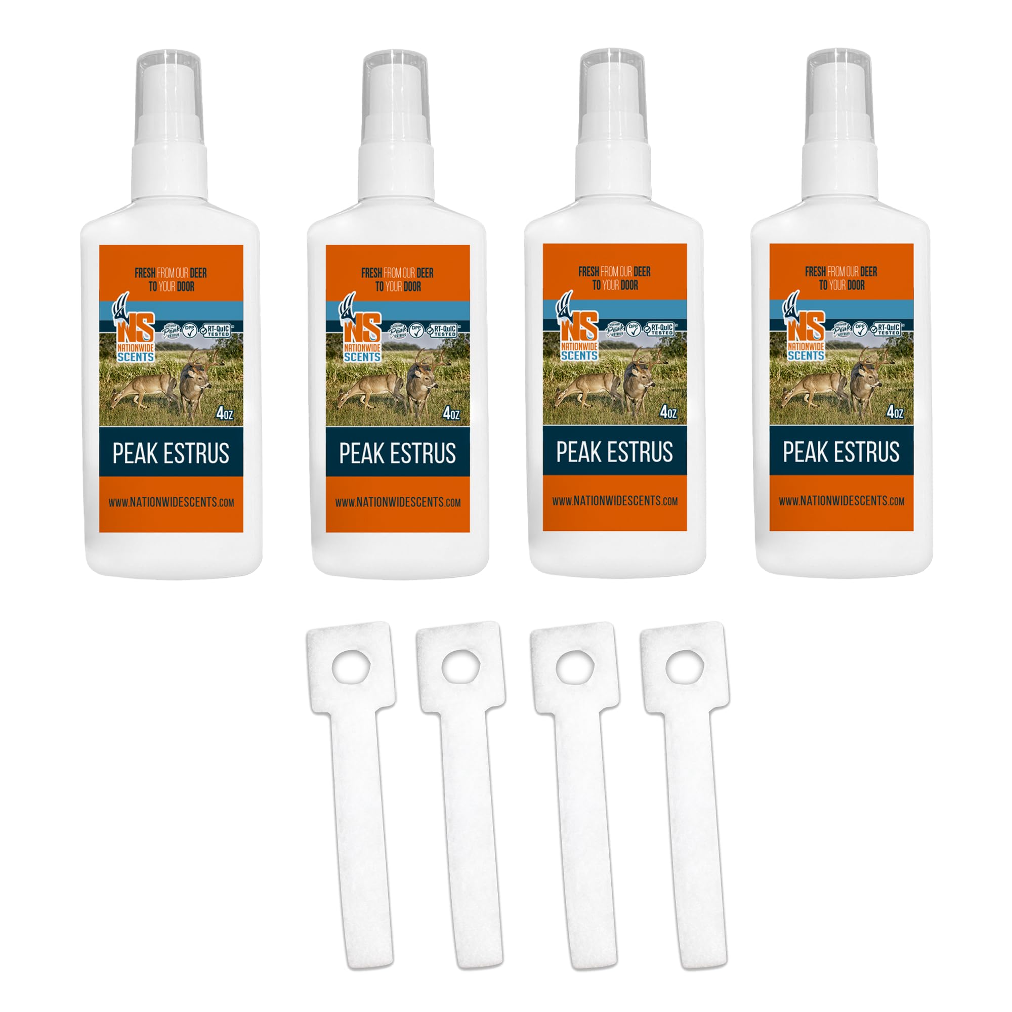 Nationwide Scents Peak Doe Estrus Spray bottle ready for buck attraction at the stand