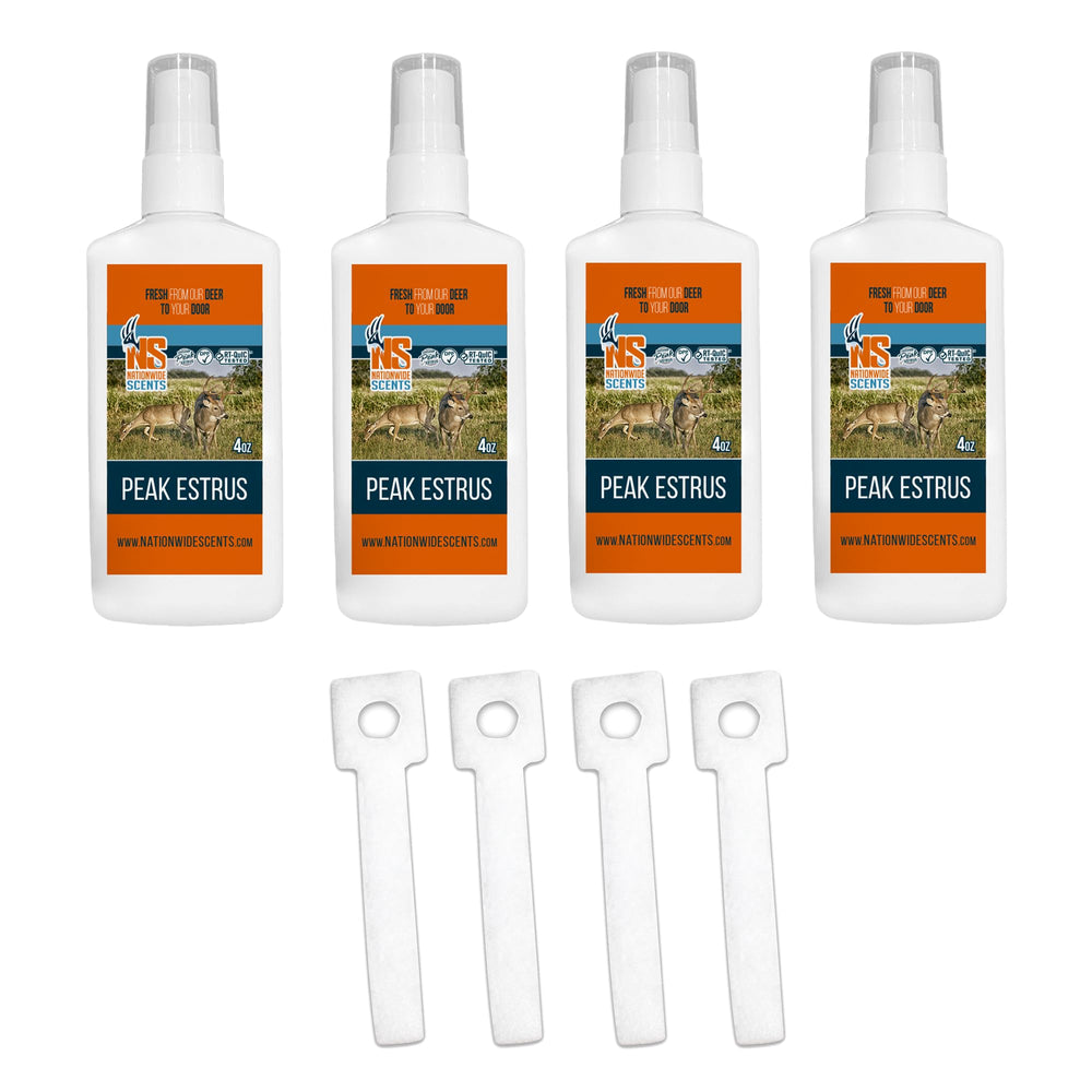 Nationwide Scents Peak Doe Estrus Spray bottle ready for buck attraction at the stand