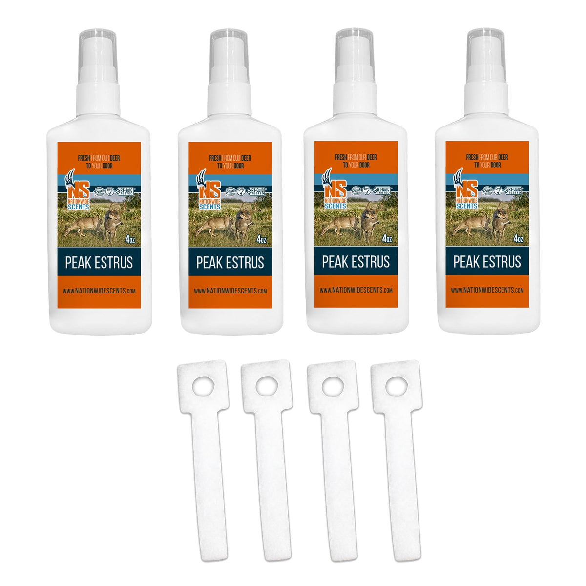Nationwide Scents Peak Doe Estrus Spray bottle ready for buck attraction at the stand