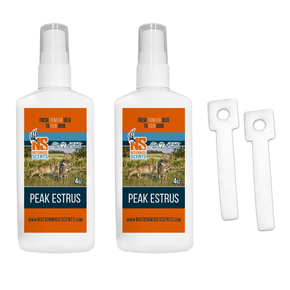 Nationwide Scents Peak Estrus spray bottle for easy scent drags and buck attraction.