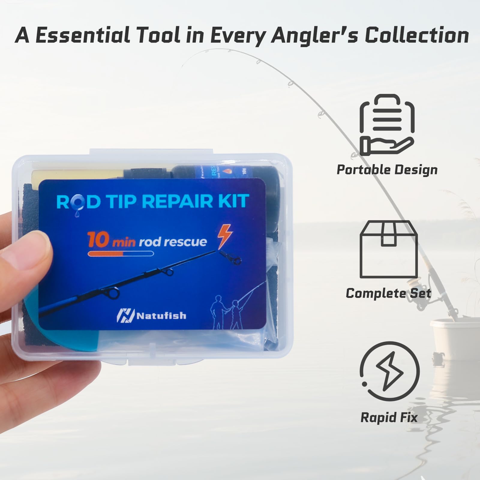 Natufish Rod Tip Repair Kit installed on a fishing rod showing tip protection