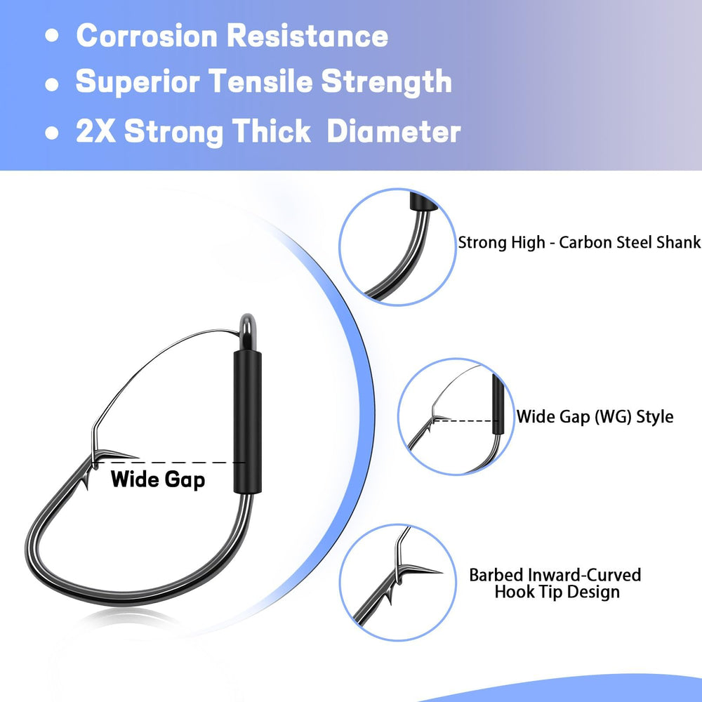 Close-up of 2X heavy-duty weedless hooks with rounded bend