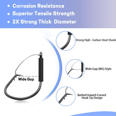 Close-up of 2X heavy-duty weedless hooks with rounded bend