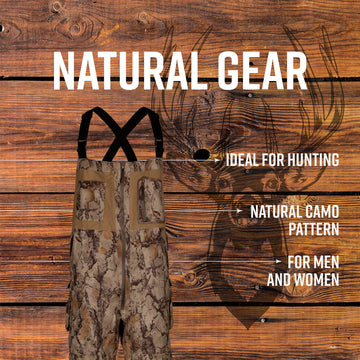 Natural Gear Dri Stalk rigid shell insulation demonstrates weather protection at knees
