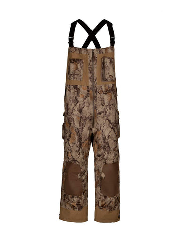 Natural Gear duck hunting bib overall front view showing camouflage and insulation