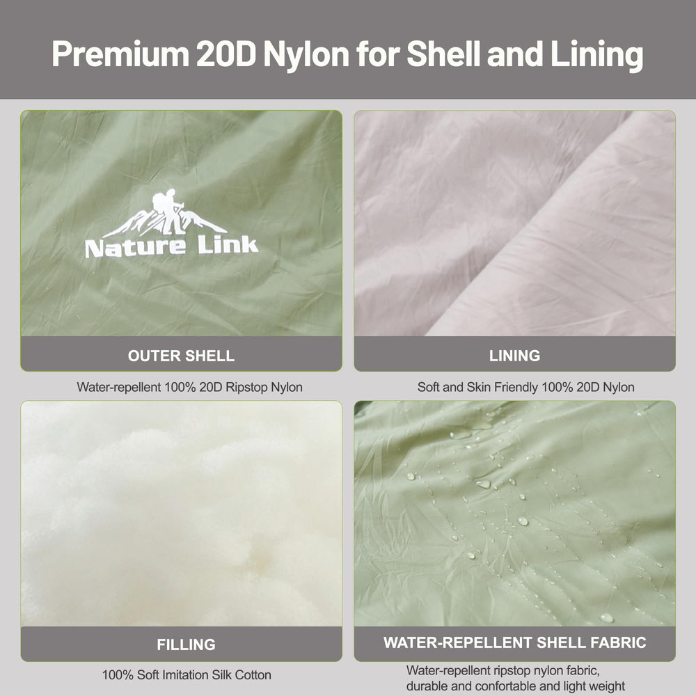 Nature Link sleeping bag zipper vent area enables foot-area ventilation.