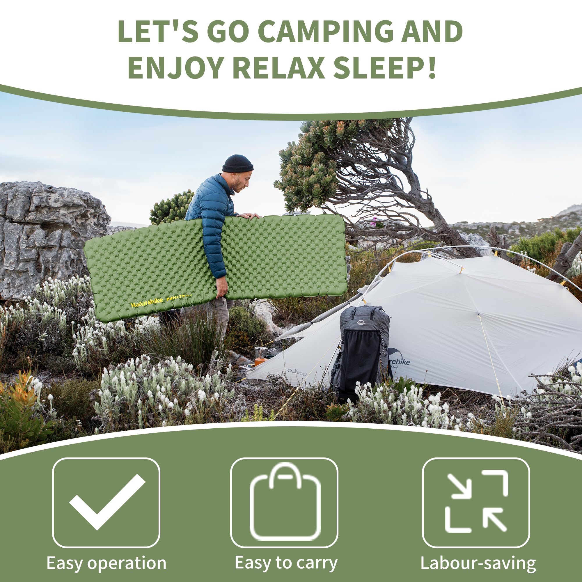 Naturehike 25oz sleeping pad arrives with pump sack for easy setup.