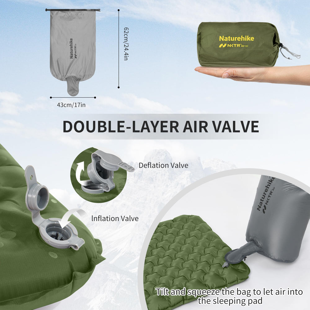 Naturehike pad features dual-vent valve for efficient inflation and quick deflation.