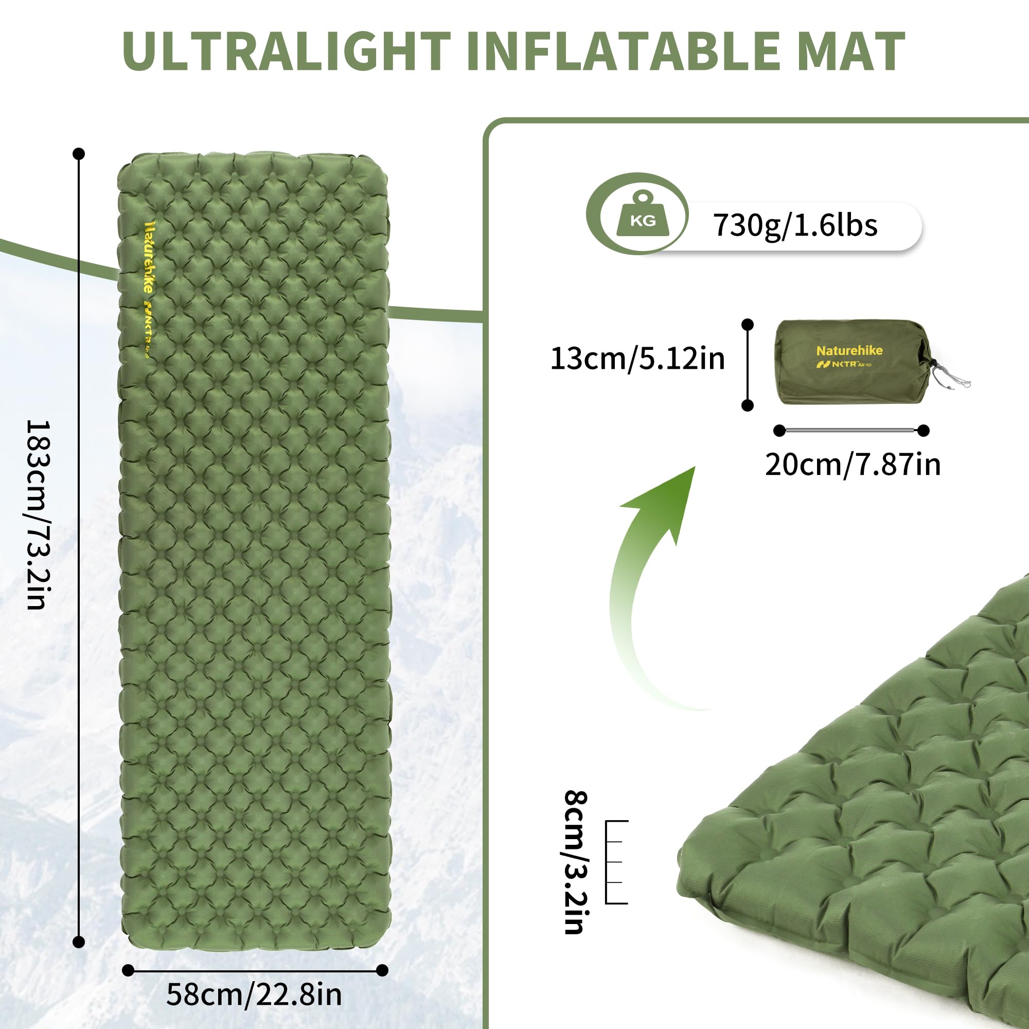 Naturehike 25oz ultralight sleeping pad in woods shows generous surface and stable support.