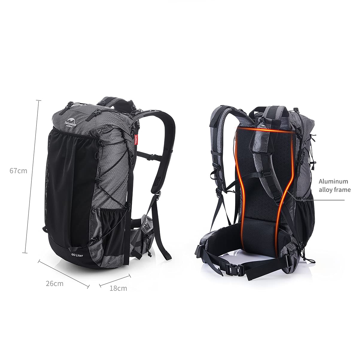 Naturehike 65L compression straps secure bulky gear like poles and sleeping bags.
