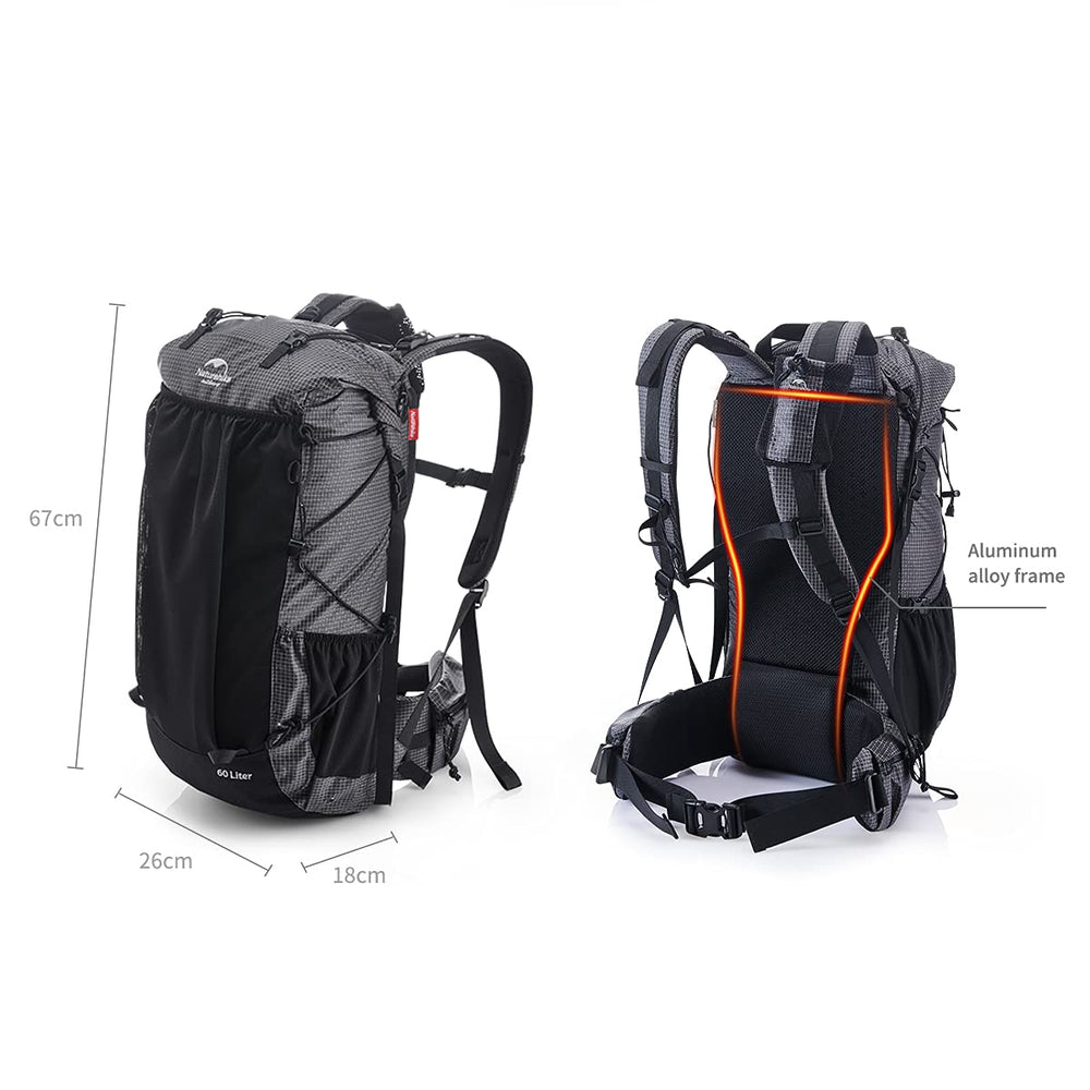 Naturehike 65L compression straps secure bulky gear like poles and sleeping bags.