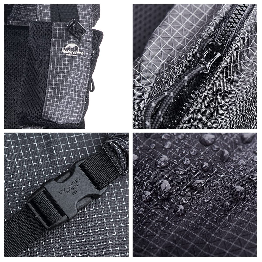 Naturehike 65L back pocket holds shoes for easy campsite transitions.