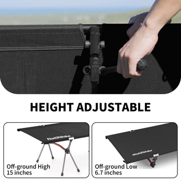 Naturehike ArmyWild cot close-up of 7075 aluminum frame highlighting strength and load support.
