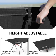 Naturehike ArmyWild cot close-up of 7075 aluminum frame highlighting strength and load support.