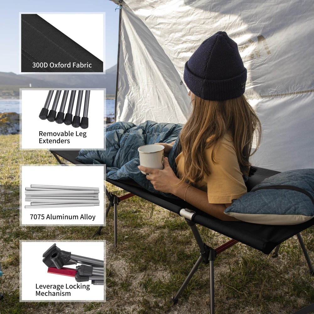 Naturehike ArmyWild cot height adjustment shown at 6.7 and 15 inches for versatile terrain.