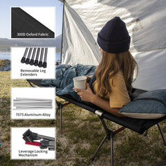 Naturehike ArmyWild cot height adjustment shown at 6.7 and 15 inches for versatile terrain.