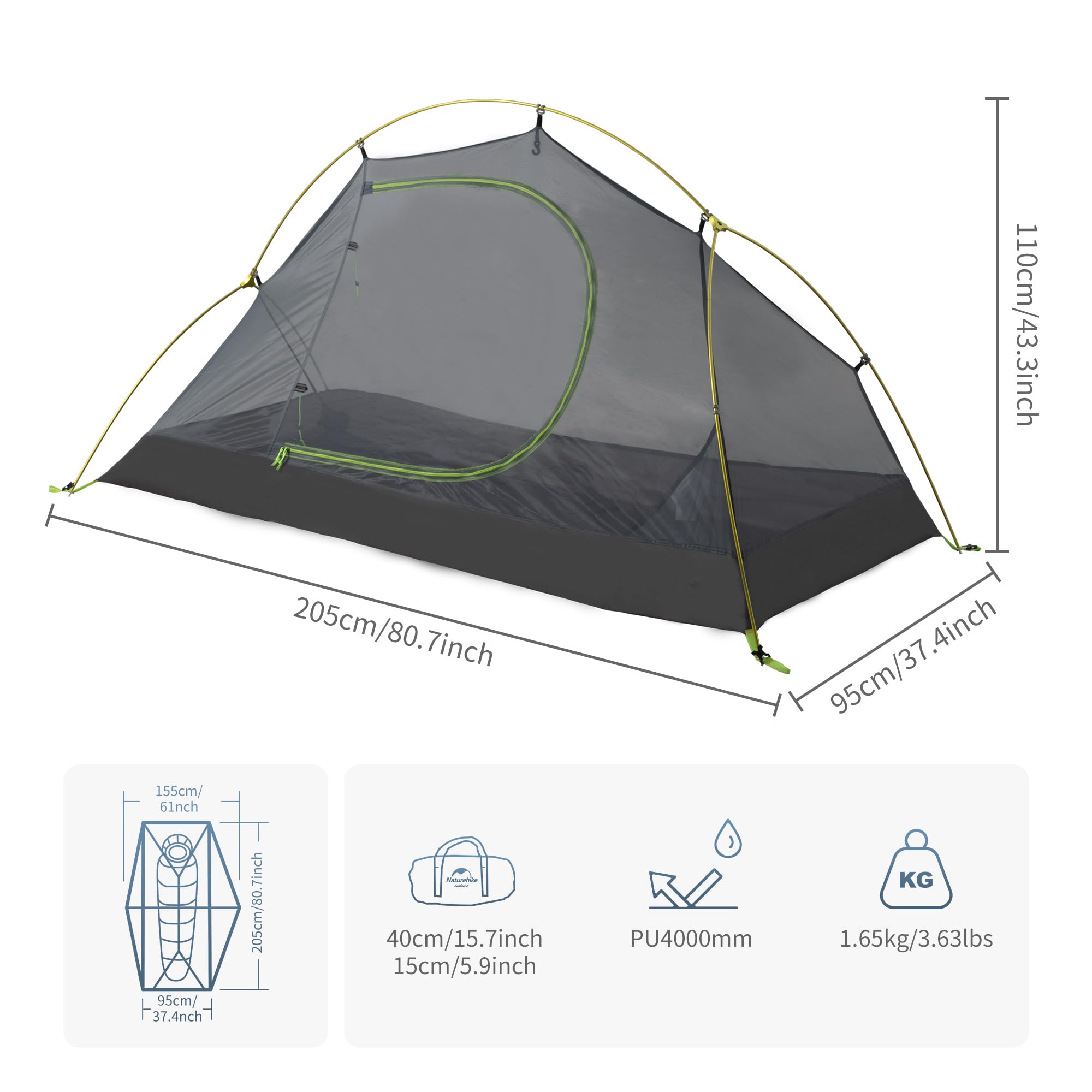 Naturehike bikepacking 1person tent footprint included for ground protection.