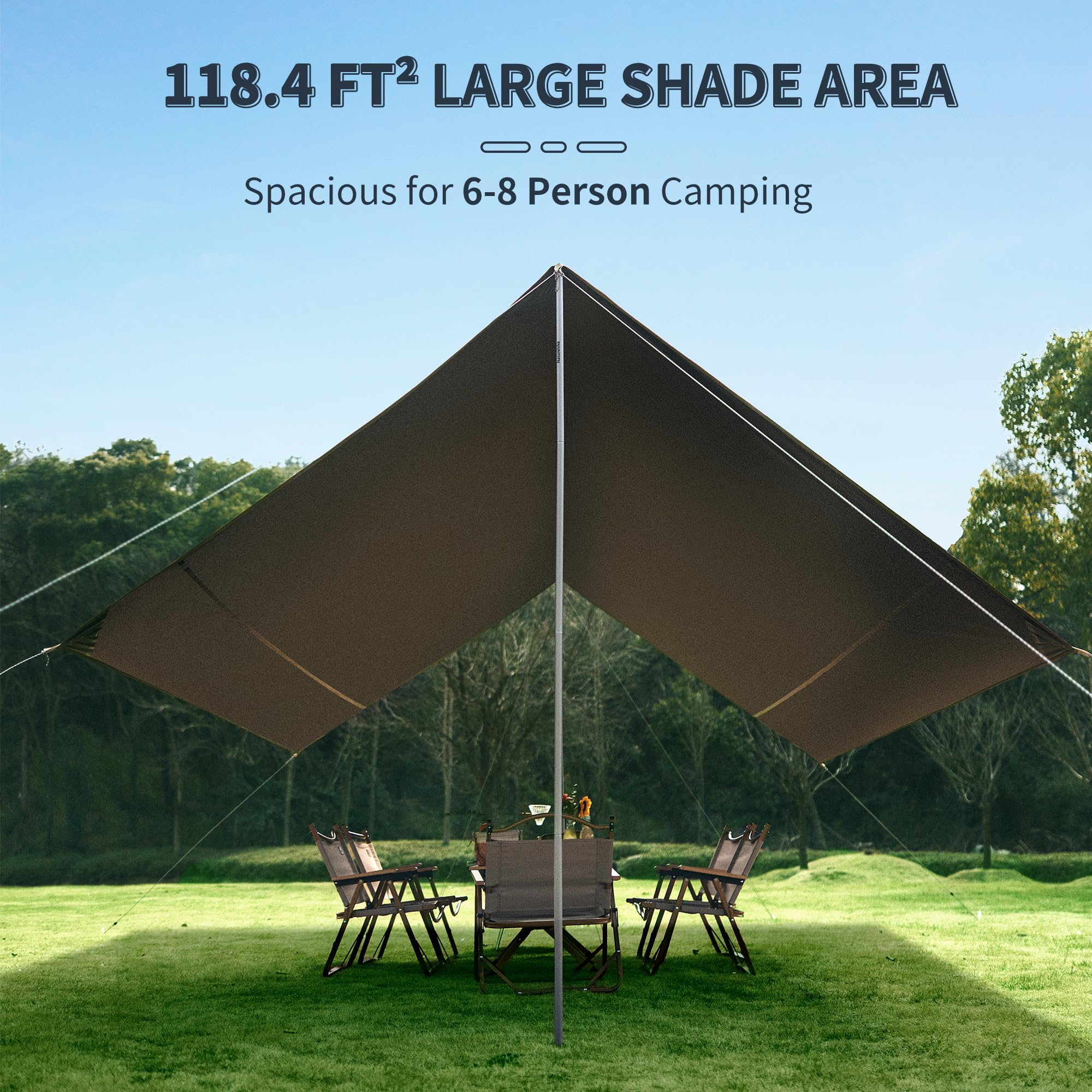 Naturehike Cloud Skies UV-blocking shade provides sun protection for daytime outings.
