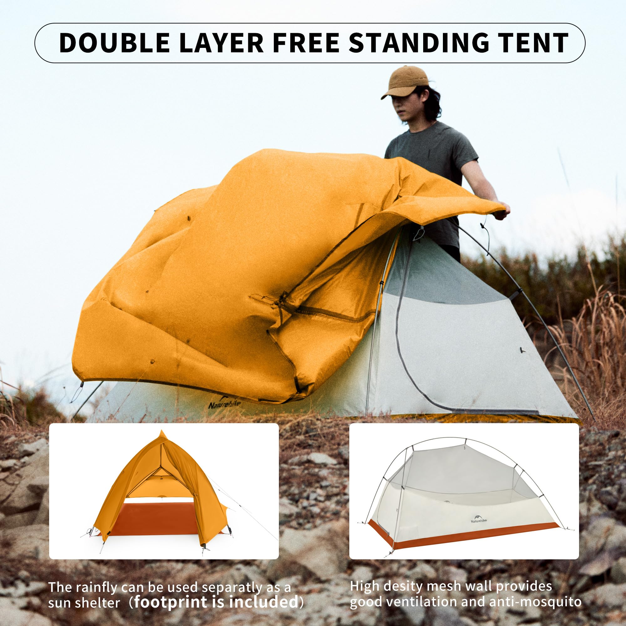 Naturehike Cloud-Up 1 Person Tent aluminum poles ensure stable setup in wind.