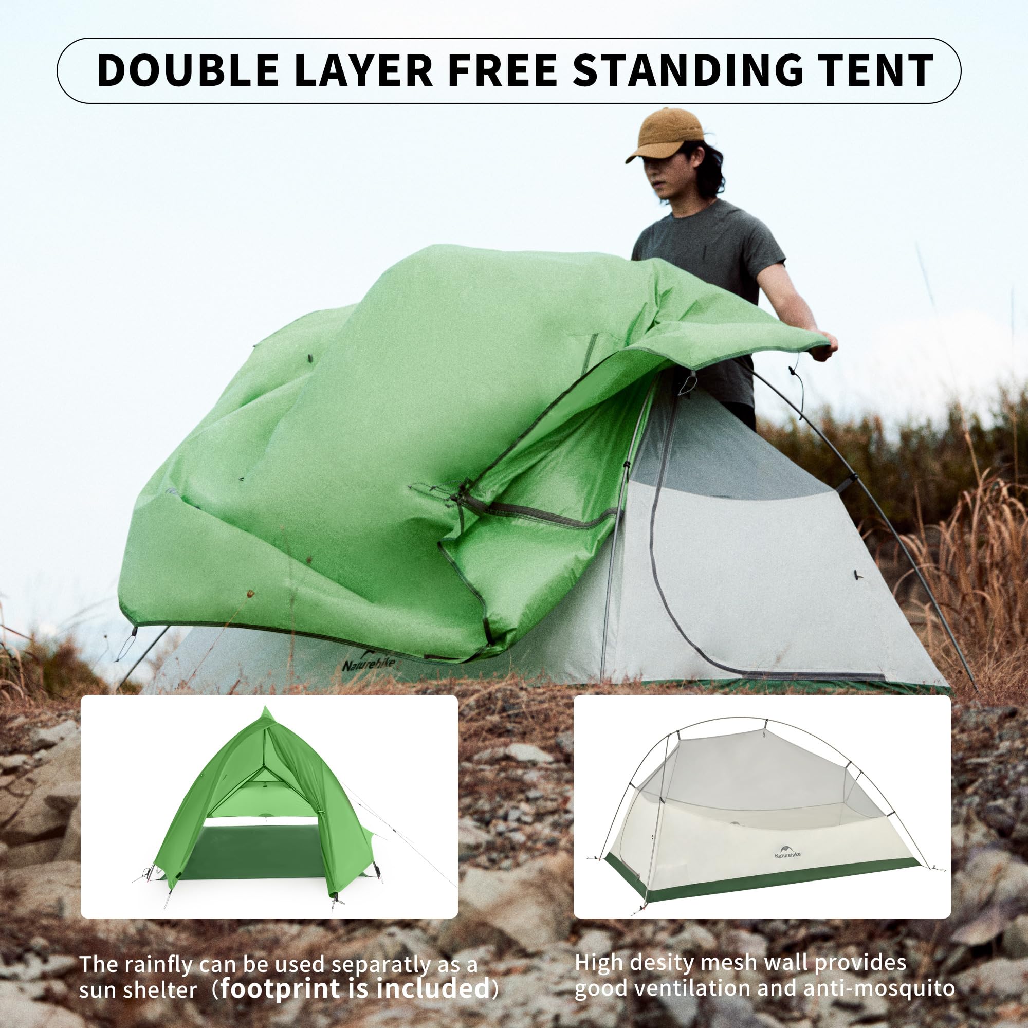 Naturehike Cloud-Up 1P double-layer design boosts airflow and offers standalone sun shelter.