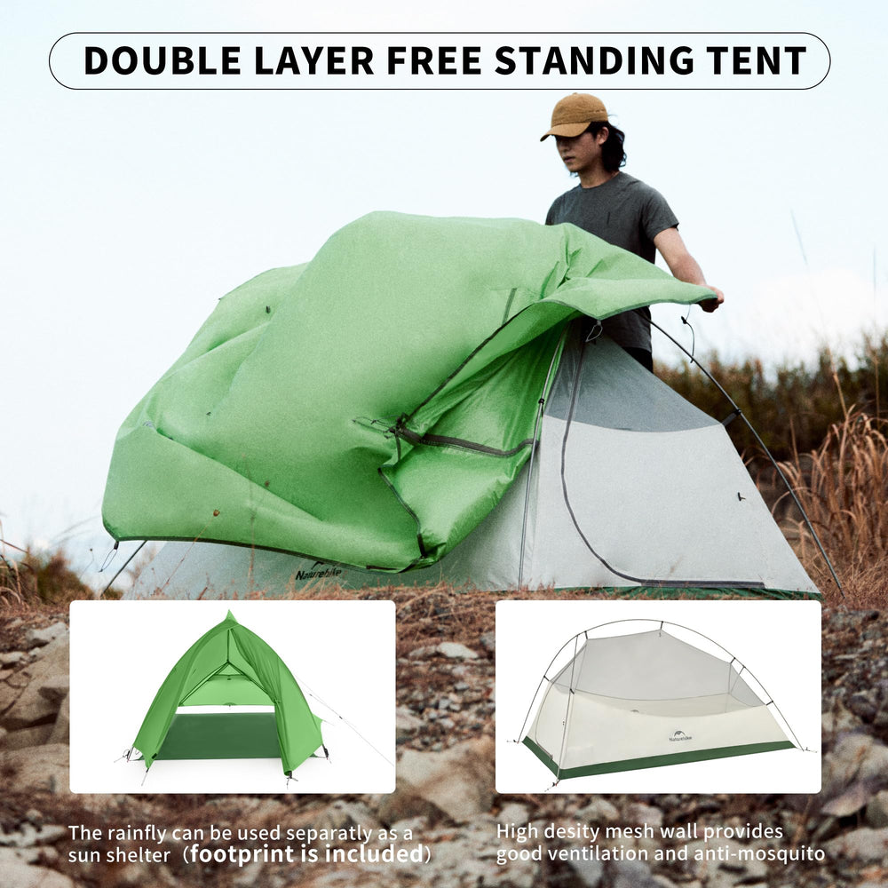 Naturehike Cloud-Up 1P double-layer design boosts airflow and offers standalone sun shelter.