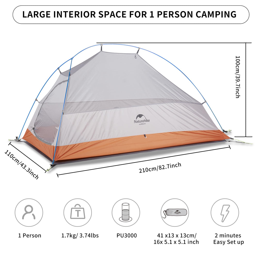 Naturehike Cloud-Up 1P tent right-side view showcases a weather-ready shell for reliable camping.