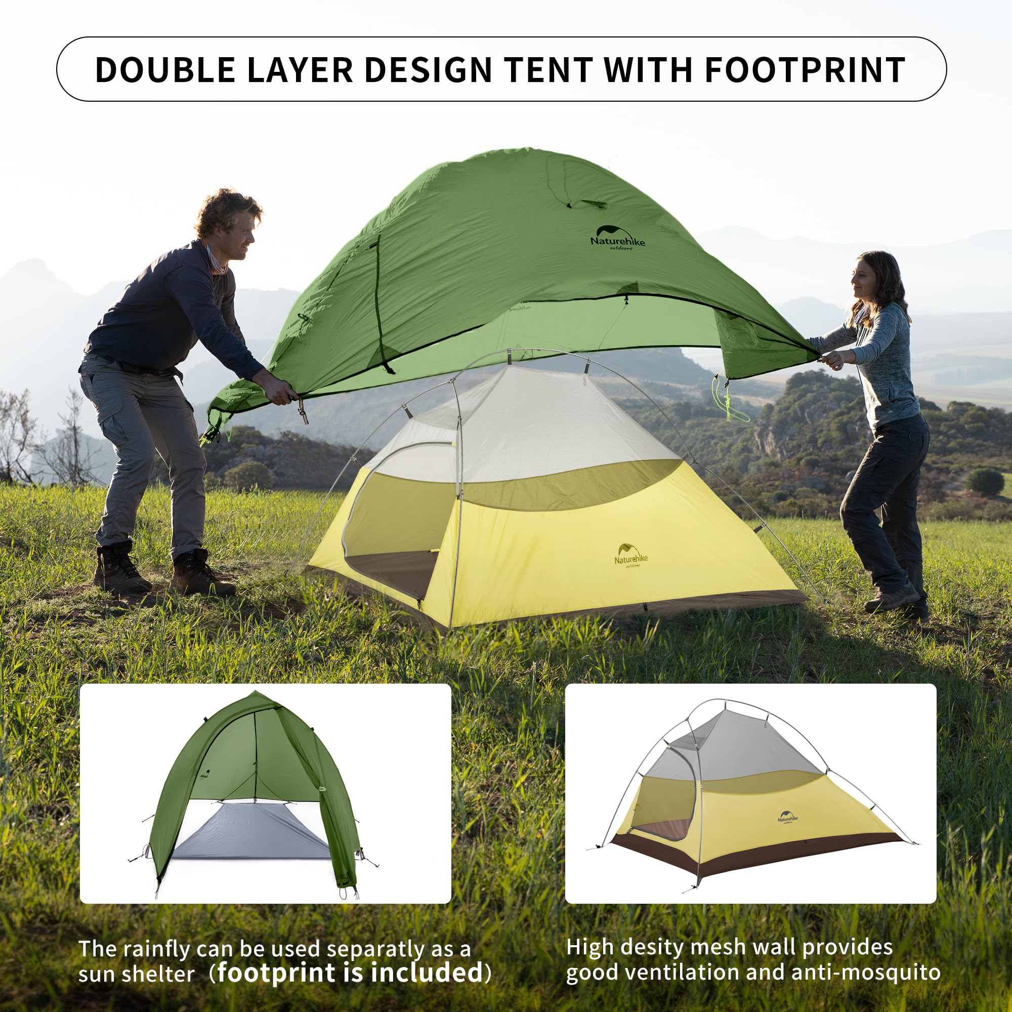 Naturehike Cloud-Up 2-Person tent durable 7001 aluminum poles for sturdy shelter.