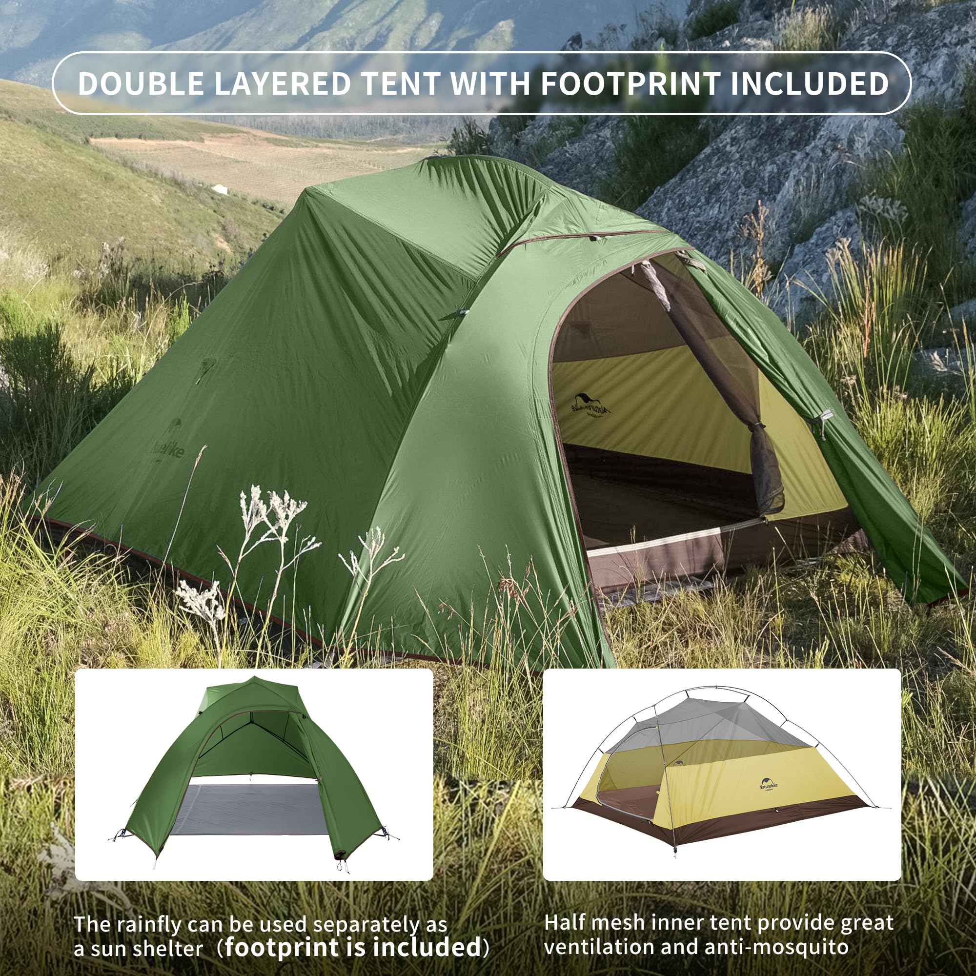 Naturehike Cloud-Up 3-Person tent footprint included supports floor protection.