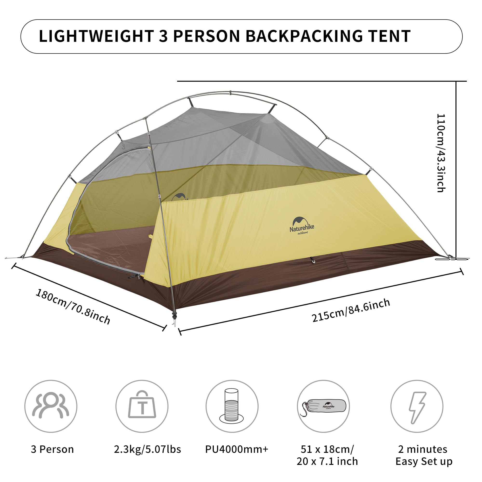 Naturehike Cloud-Up 3-Person tent interior space provides comfortable room for three campers.