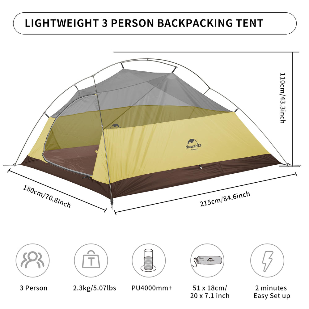 Naturehike Cloud-Up 3-Person tent interior space provides comfortable room for three campers.