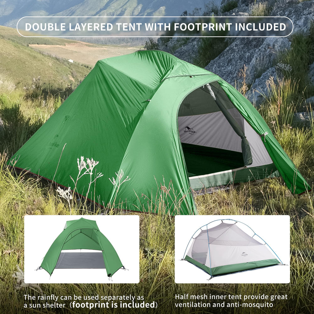 Naturehike Cloud-Up 3P tent spacious-interior offers roomy comfort for three.