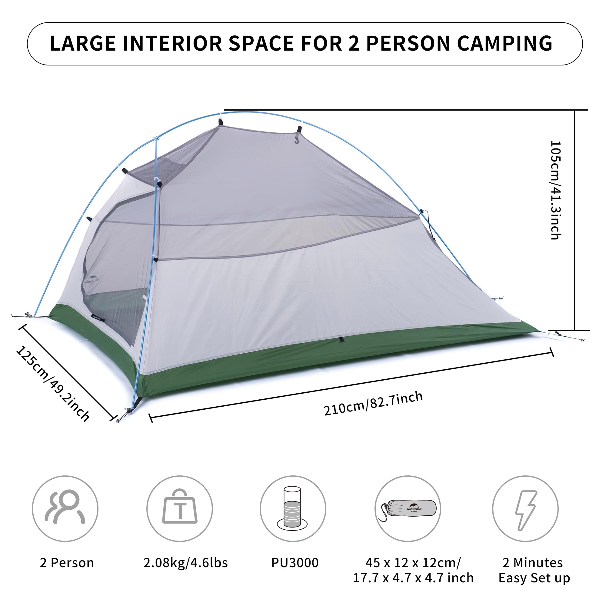 Naturehike Cloud-Up interior spacious enough for two to sleep comfortably.