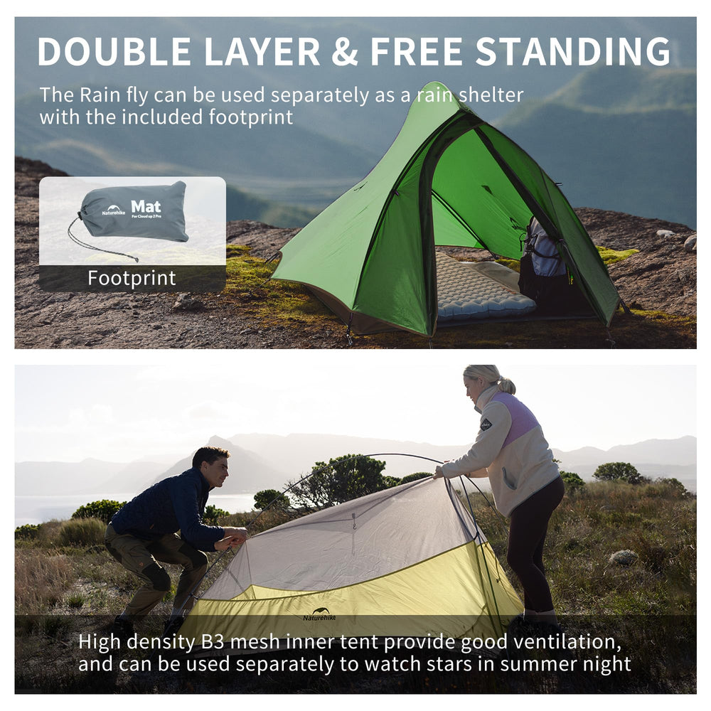 Naturehike Cloud Up Pro aluminum poles support free-standing setup.