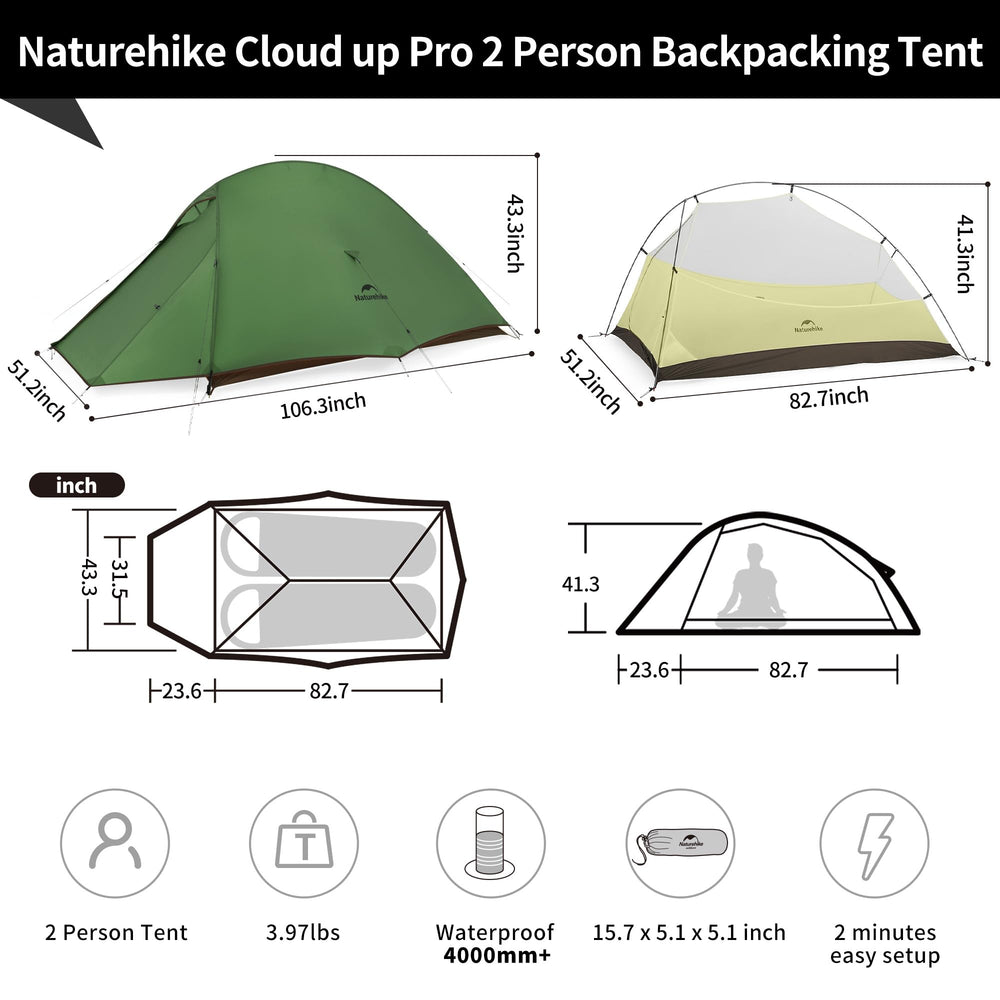 Naturehike Cloud Up Pro interior shows ample headroom for two sleepers.