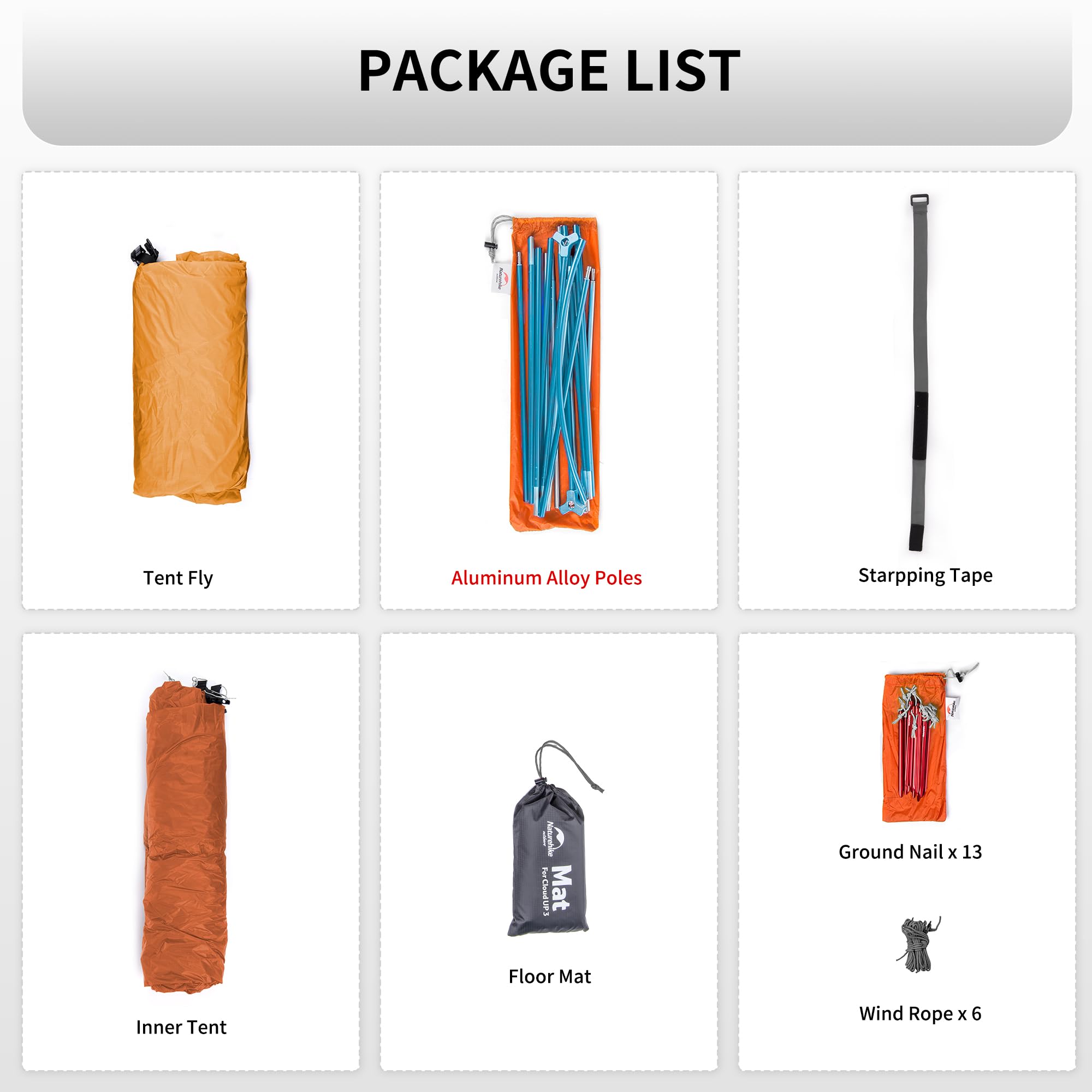 Naturehike Cloud-Up rainfly and stakes enable quick, weather-ready shelter.