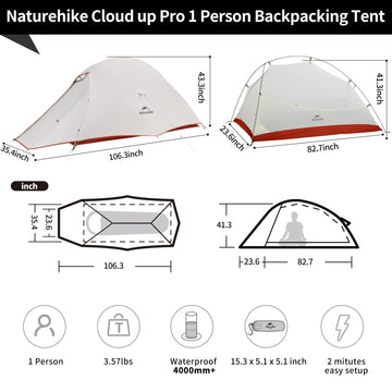 Naturehike Cloud-Up side profile highlights ultralight frame for backpacking adventures.