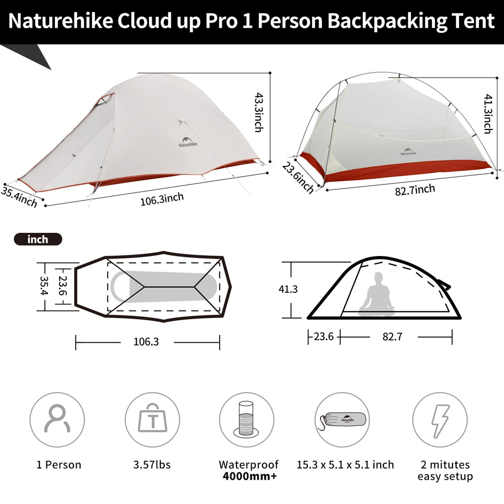Naturehike Cloud-Up side profile highlights ultralight frame for backpacking adventures.