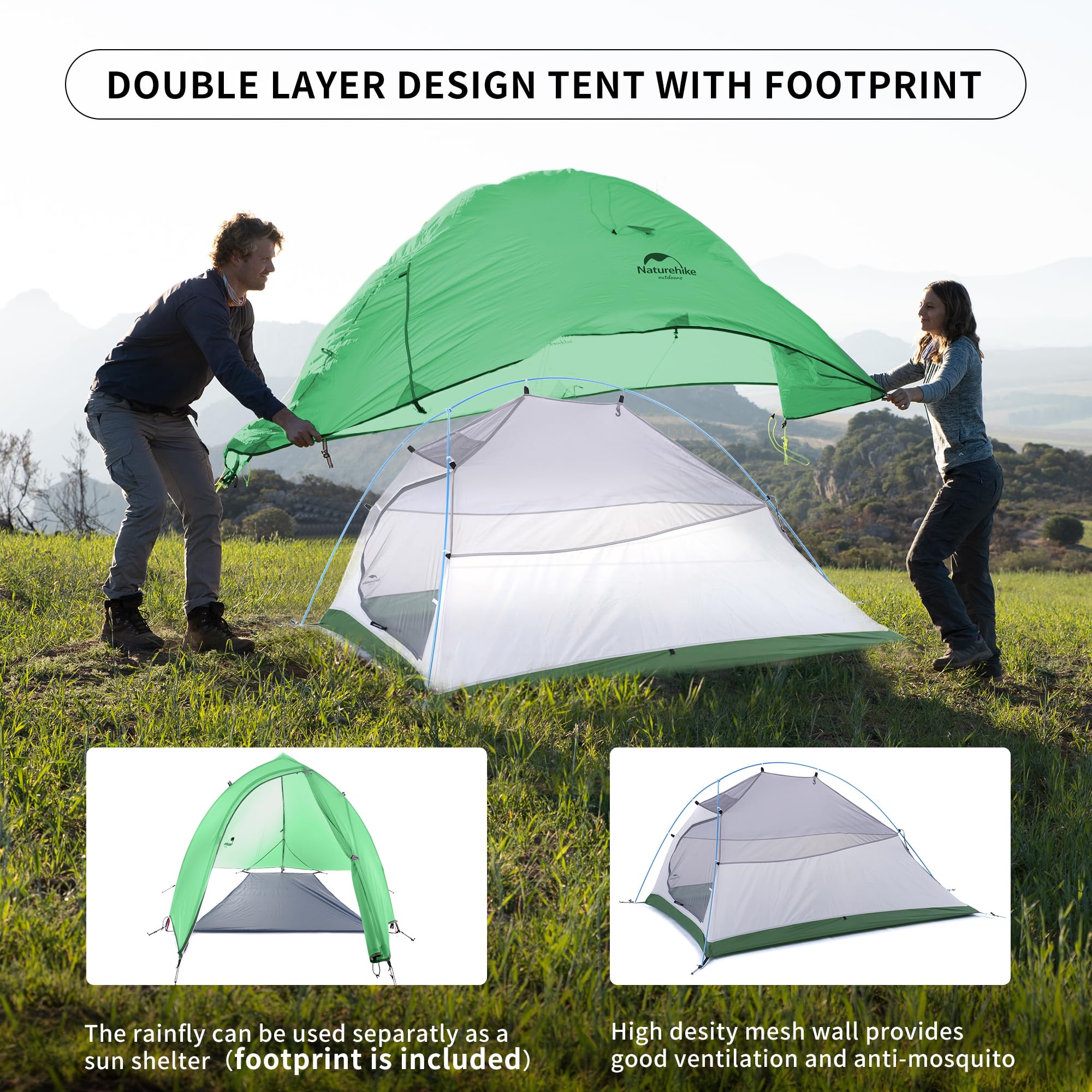 Naturehike Cloud-Up tent keeps you dry in rain with 3000mm waterproofing.