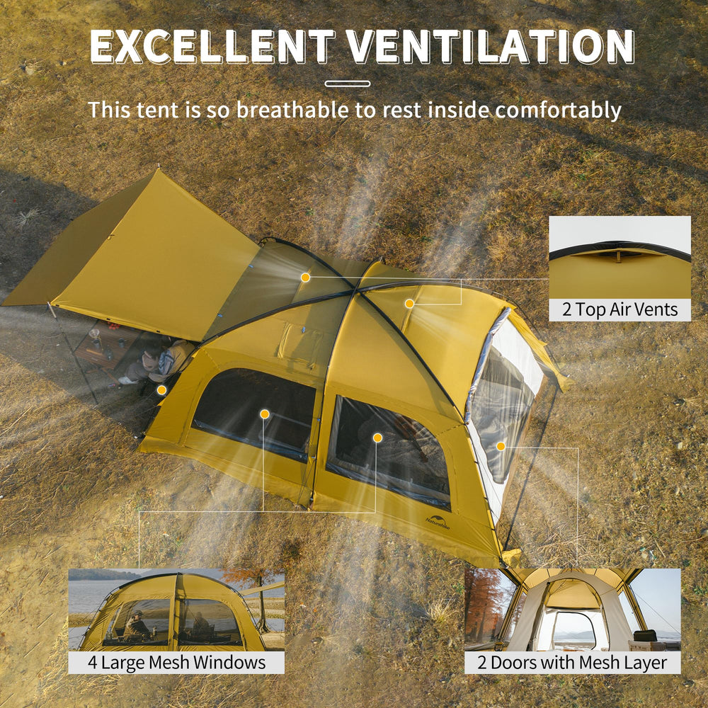 Naturehike Dune extended awning at front door for shade and shelter.