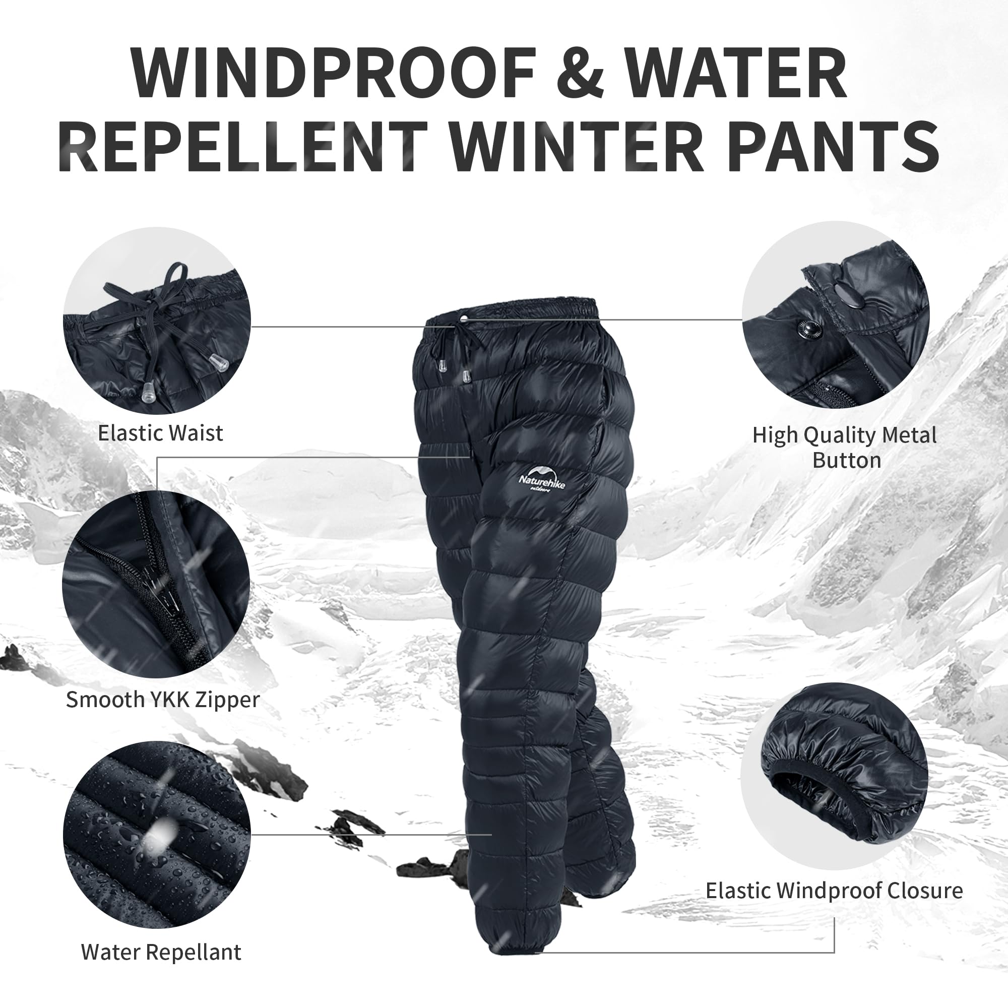 Naturehike DW Down Pants elastic waist and drawstring adapt to different fits.